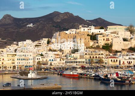 Naxos Town - Greece  - October 3 2018 : Beautiful historic old Greek island city  Landscape view of the charming city  High angle shot with copy space Stock Photo