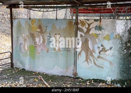 Mural in the ruins of Pripyat Kindergarten Stock Photo