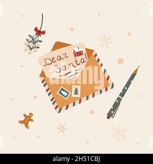 Written letter to Santa Claus in envelope. Christmas preparation process. Winter holiday Xmas and New Year Festive mail or message. Vector Stock Vector