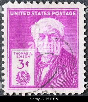 USA - Circa 1947: a postage stamp printed in the US showing a portrait of the American inventor, electrical engineer and entrepreneur Thomas Alva Edis Stock Photo