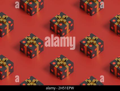 Christmas background. Isometric seamless pattern of gift boxes on red background. 3d illustration. Stock Photo