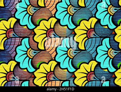 African Wax Print fabric, Ethnic overlap ornament seamless design, kitenge pattern motifs floral elements. Vector texture, afro colorful textile Stock Vector