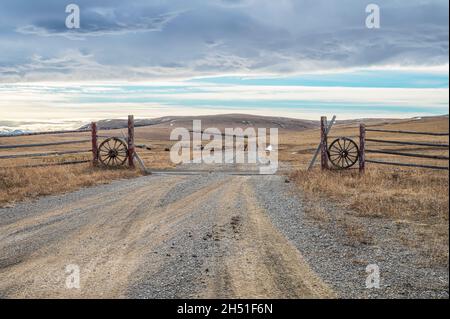 Country road crossing a Texas gate in the Rocky Mountain foothills near the town of Fort Macleod, Alberta, Canada Stock Photo
