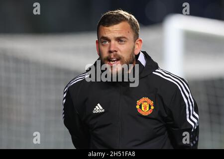Bergamo, Italy, 2nd November 2021. Charlie Owen Manchester United fitness coach reacts during the warm up prior to the UEFA Champions League match at Stadio di Bergamo, Bergamo. Picture credit should read: Jonathan Moscrop / Sportimage Stock Photo