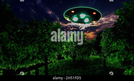 an unidentified flying object hovers over the ground(3d rendering) Stock Photo