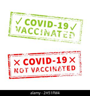 Vaccinated and not, red and green vintage grunge stamp imprints isolated on white Stock Vector