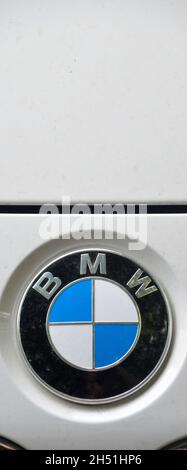 BMW chrome metal logo, luxury car in Istanbul city, August 15 2015 Istanbul Pendik Turkey used car market Stock Photo