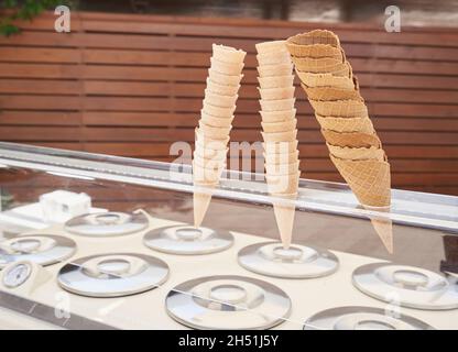 Wafer cups for selling ice cream on the street. Stock Photo