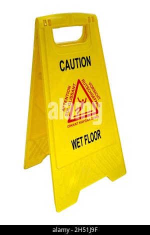 sign showing warning of caution wet floor, cleaning service, wet floor sign near swimming pool or on vacation Stock Photo