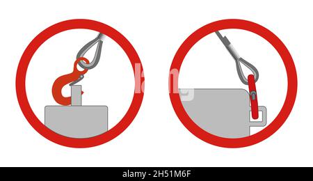 Correct load securing with a hook or carabiner. Correct fastening when operating a tower crane on a construction site. Stock Vector