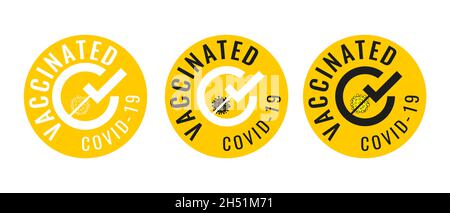 Set of Vaccinated COVID-19 labels. Vaccination information announcement label. Vaccination yellow stamp. Abstract symbol logo in the form of a flat sy Stock Vector