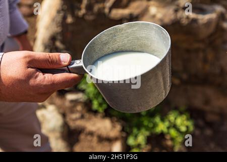 Rabot, Gorno-Badakhshan Autonomous Province, Tajikistan. Milk to be churned into butter in rural Tajikistan. Stock Photo