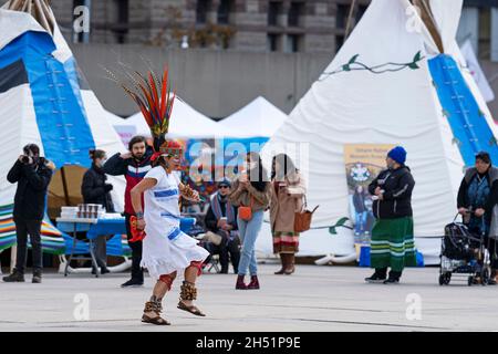 Indigenous Female, Aztec Dancer at the Indigenous Legacy Gathering, on November 4, 2021 in Toronto,Toronto, Canada Stock Photo
