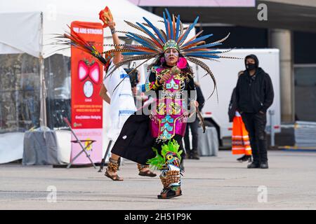 Indigenous Female, Aztec Dancer at the Indigenous Legacy Gathering, on November 4, 2021 in Toronto, Canada Stock Photo