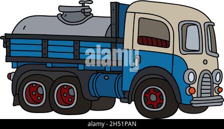 The vectorized hand drawing of a funny classic blue and white dairy tank truck Stock Vector