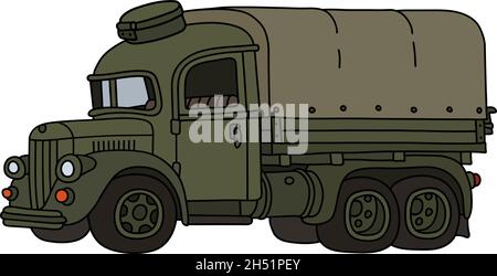 The vectorized hand drawing of a funny vintage green military truck Stock Vector