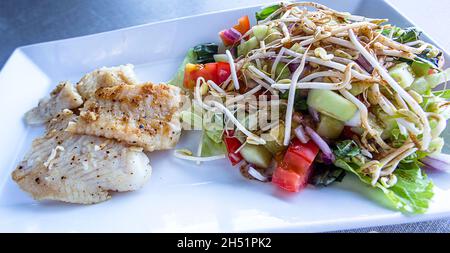 Simple foods of fish and vegetables for keto diet in Vietnam. Stock Photo