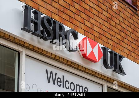 HSBC UK bank sign on the exterior of its branch in High Street, Coventry, West Midlands, UK. Stock Photo