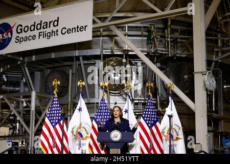 Greenbelt, USA. 05th Nov, 2021. United States Vice President Kamala Harris speaks at the National Aeronautics and Space Administration (NASA) Goddard Space Flight Center in Greenbelt, Maryland, U.S., on Friday, November 5, 2021. Harris announced the Biden administration's inaugural meeting of the National Space Council will be held on December 1, 2021. Credit: Ting Shen/Pool via CNP Photo via Credit: Newscom/Alamy Live News