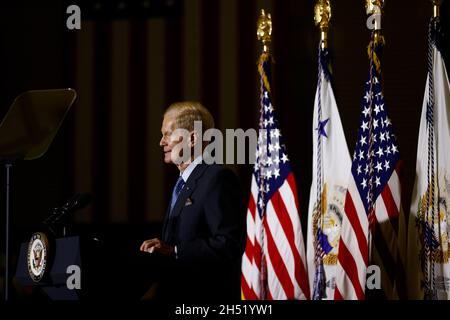 Greenbelt, USA. 05th Nov, 2021. Bill Nelson, Administrator, National Aeronautics and Space Administration (NASA), speaks at the NASA's Goddard Space Flight Center in Greenbelt, Maryland, U.S., on Friday, November 5, 2021. Vice President Harris announced the Biden administration's inaugural meeting of the National Space Council will be held on December 1, 2021.Credit: Ting Shen/Pool via CNP Credit: Newscom/Alamy Live News