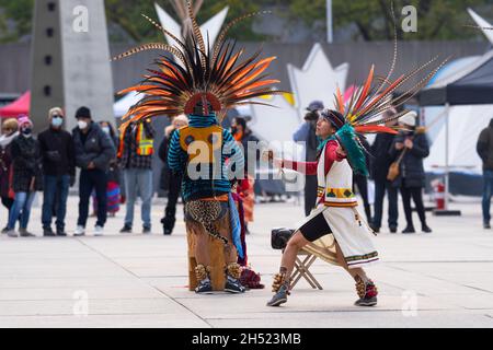 Indigenous Aztec Dancers at the Indigenous Legacy Gathering, on November 4, 2021 in Toronto, Nathan Phillips Square, Canada Stock Photo