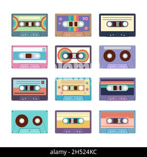 Big collection of various retro audio cassette tapes isolated on white background. Colorful trendy clip art for design. Stock Vector