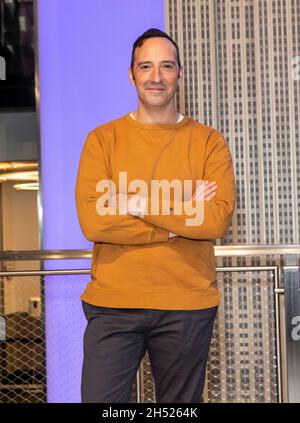 New York, NY - November 5, 2021: Actor Tony Hale attends Empire State Building hosting cast of Clifford the Big Red Dog movie, ESB will be lit in red to celebrate the release of the film Stock Photo