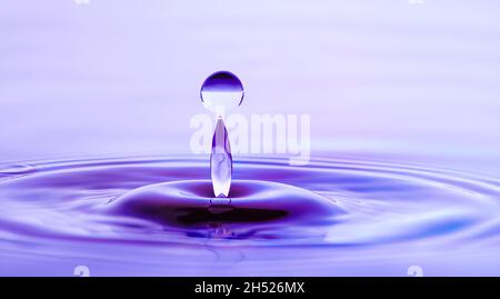 Drop falling on water surface in shades of purple light Stock Photo