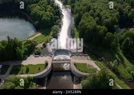 Yaropolets near Volokolamsk, Russia. Old Yaropoletskaya water-power plant and Volokolamskiy waterfall. The first hydroelectric power station in the USSR. Aerial. High quality photo Stock Photo