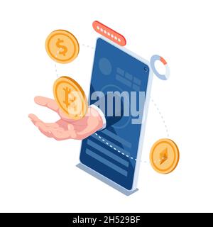 Flat 3d Isometric Hand Holding Bitcoin with Dollar Coin and Ethereum Orbiting Around. Cryptocurrency Exchange Platform. Stock Vector