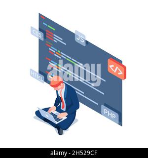 Flat 3d Isometric Businessman as a Programmer Working on Laptop to Coding. Software development Concept. Stock Vector
