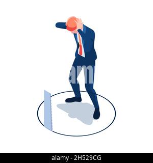 Flat 3d Isometric Businessman Worried About Saw Cutting The Floor Beneth Him. Business Rival Concept Stock Vector