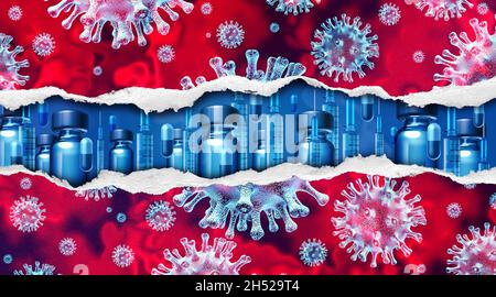 Destroying disease concept and virus vaccination concept and vaccine for flu or coronavirus as medicine eliminating contagious pathogen cells. Stock Photo