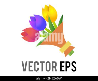 The isolated vector bouquet of blue, pink and yellow flowers icon with green stems tied together, used for Valentine’s Day, Mother’s Day and other spe Stock Vector