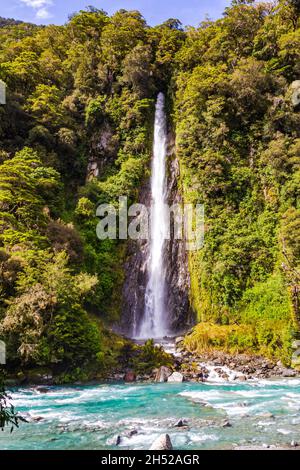 Landscapes of New Zealand. Small waterfall among the greenery. South Island Stock Photo