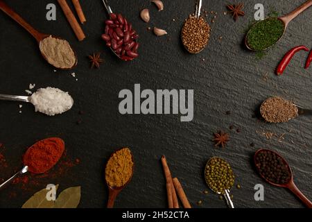 https://l450v.alamy.com/450v/2h52cta/spices-concept-different-colors-and-types-of-spices-sorted-into-spoons-and-some-being-sprinkled-on-the-black-background-2h52cta.jpg