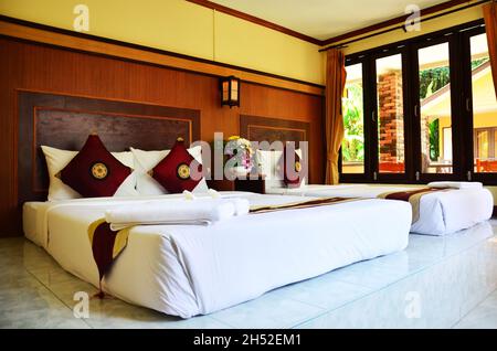 Decoration interior and furniture modern style of elegance vintage retro bedroom boutique style with double bed for customer traveler guest use in res Stock Photo
