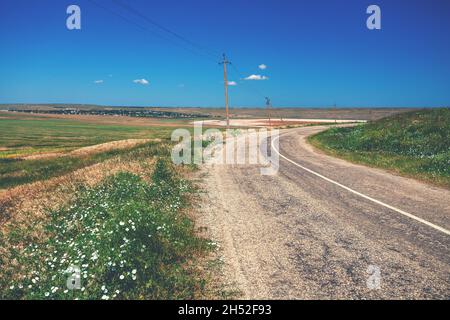 Country asphalt road in the steppe on a sunny summer day Stock Photo