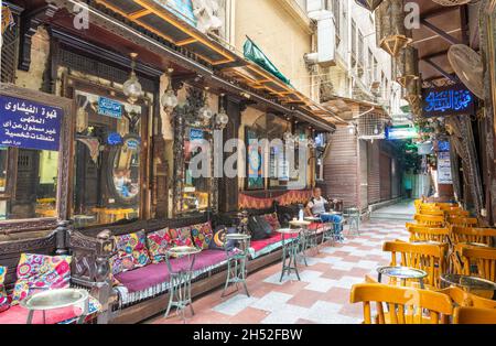 Cairo, Egypt- September 25 2021: Old famous coffeehouse, El Fishawi, located in historic Mamluk era Khan al-Khalili famous bazaar and souq