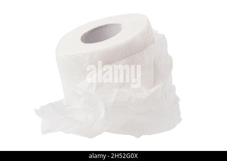 A roll of unwound and slightly crumpled toilet paper isolated on a white background Stock Photo