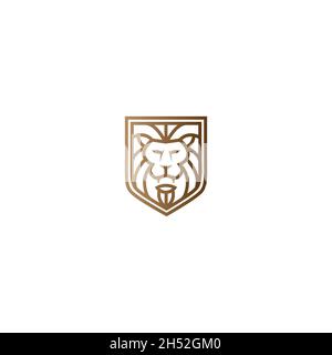 vector illustrations. logo shaped like lion head shield with key biting. Stock Vector