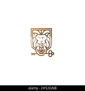 vector illustrations. logo shaped like lion head shield with key biting. Stock Vector