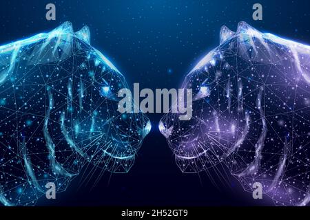 Two wireframe polygonal heads tiger. Stock Vector