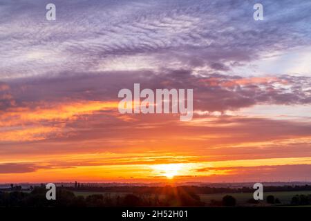 Wide angle view of sunrise over the Kent countryside landscape with cirrocumulus stratiformis cloud layer above. Horizon low in the frame with yellow sky turning to mauve and blue as it gets higher. Stock Photo