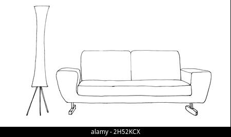 Graphical sketch of an interior room, sofa floor lamp, liner Stock Photo