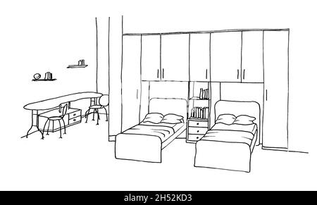 Graphical sketch of an interior children's room for twins, beds, double table, wardrobe, liner Stock Photo