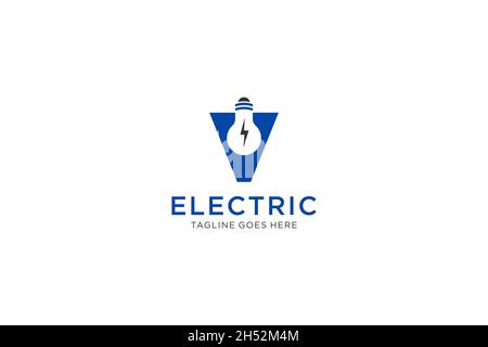 V Letter Logo Design With Light bulb and lightning bolt. Electric Bolt Letter. Stock Vector