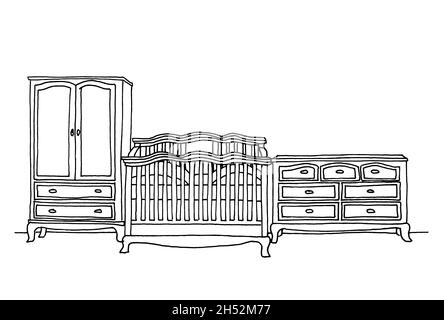 Graphical sketch of an interior. Children's furniture: bed, chest of drawers and wardrobe Stock Photo