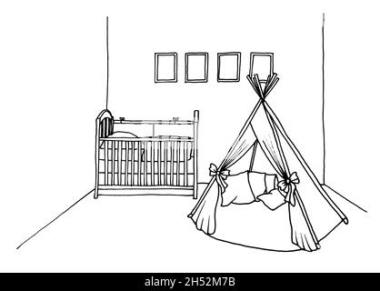 Graphical sketch of an interior children's room a bed and a riding-school, a tent Stock Photo