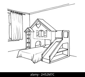 Graphical sketch of an interior children's room with a play house Stock Photo